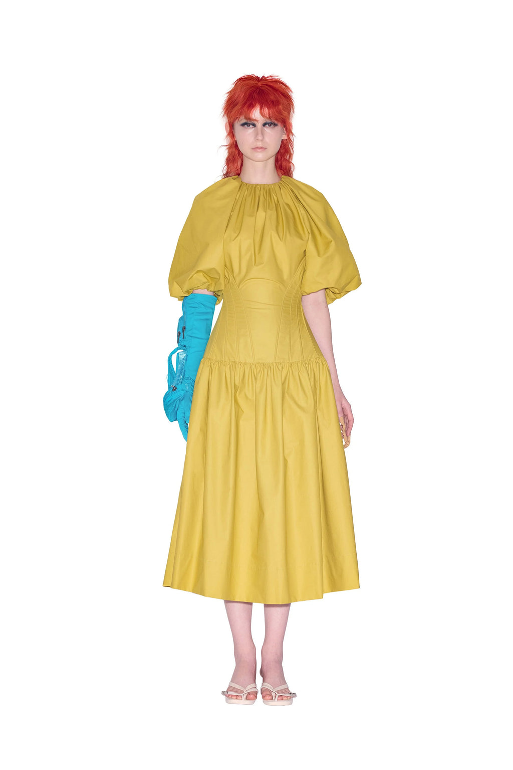 Puff Sleeve Midi Dress in Citrine